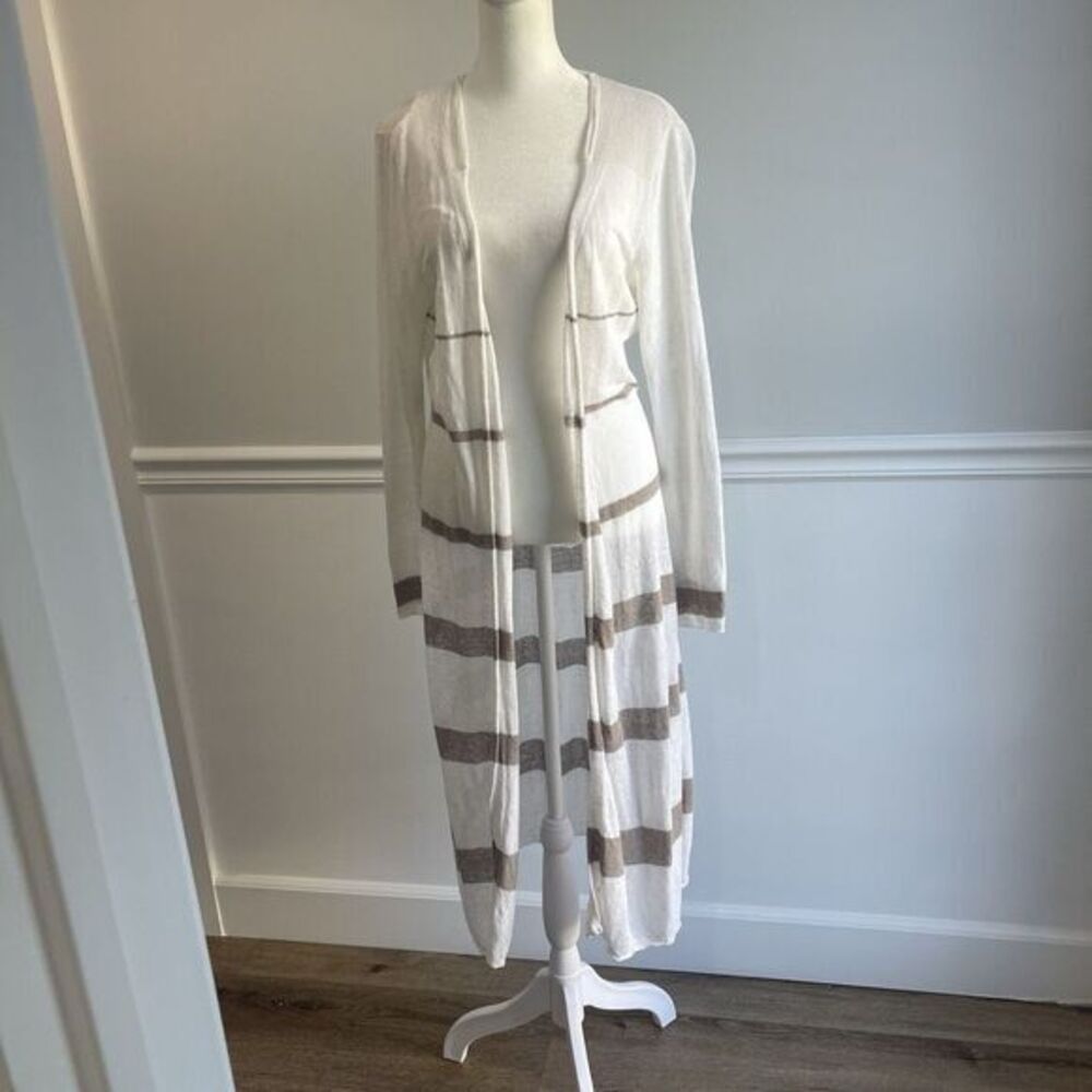 Cabi Linen Long Duster Cardigan white Gray Stripe Sweater Womens XS knit Open